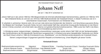 Traueranzeige von Johann Neff von Odenwälder Echo