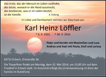 Traueranzeige von Karl Heinz Löffler von Odenwälder Echo