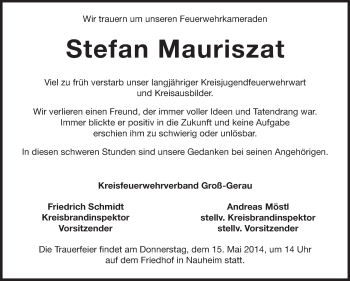 Traueranzeige von Stefan Mauriszat von Rüsselsheimer Echo, Groß-Gerauer-Echo, Ried Echo