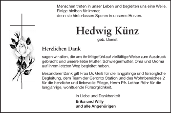 Traueranzeige von Hedwig Künz von Starkenburger Echo