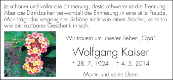 Traueranzeige von Wolfgang Kaiser von Darmstädter Echo, Odenwälder Echo, Rüsselsheimer Echo, Groß-Gerauer-Echo, Ried Echo