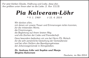 Traueranzeige von Pia Kalveram-Löhr von Rüsselsheimer Echo, Groß-Gerauer-Echo, Ried Echo