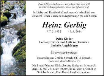 Traueranzeige von Heinz Gerbig von Odenwälder Echo