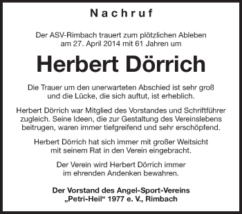 Traueranzeige von Herbert Dörrich von Starkenburger Echo, Bergsträßer Anzeiger