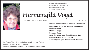 Traueranzeige von Hermengild Vogel von Starkenburger Echo
