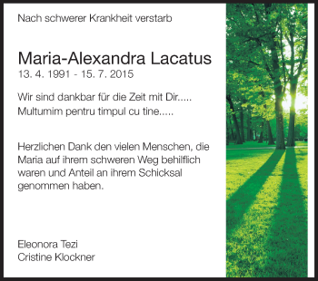 Traueranzeige von Maria-Alexandra Lacatus von Odenwälder Echo