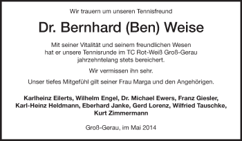 Traueranzeige von Bernhard Weise von Rüsselsheimer Echo, Groß-Gerauer-Echo, Ried Echo