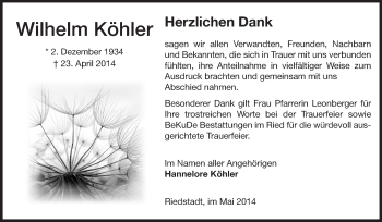 Traueranzeige von Wilhelm Köhler von Rüsselsheimer Echo, Groß-Gerauer-Echo, Ried Echo