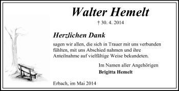 Traueranzeige von Walter Hemelt von Odenwälder Echo