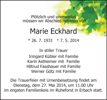 Traueranzeige von Marie Eckhard von Odenwälder Echo