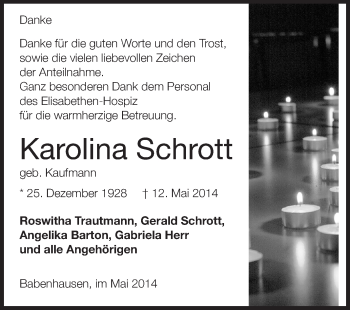 Traueranzeige von Karolina Schrott von Echo-Zeitungen (Gesamtausgabe)
