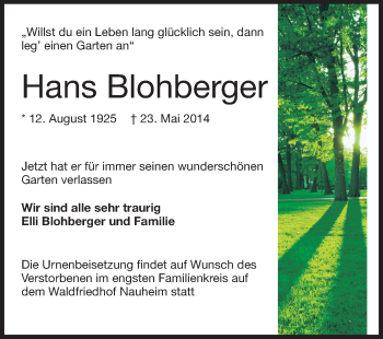 Traueranzeige von Hans Blohberger von Rüsselsheimer Echo, Groß-Gerauer-Echo, Ried Echo