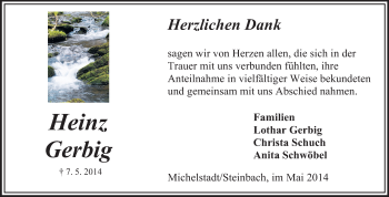 Traueranzeige von Heinz Gerbig von Odenwälder Echo