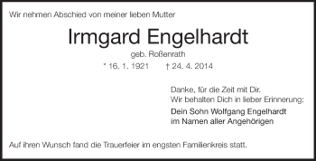 Traueranzeige von Irmgard Engelhardt von Echo-Zeitungen (Gesamtausgabe)
