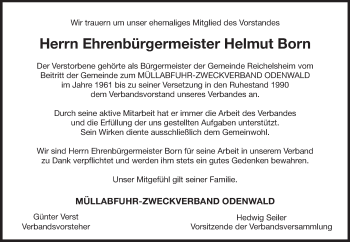 Traueranzeige von Helmut Born von Odenwälder Echo