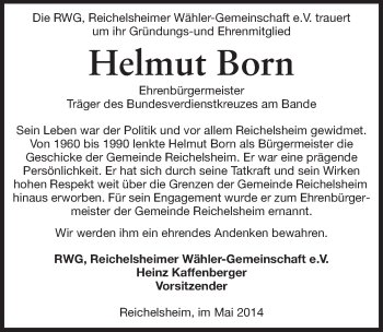 Traueranzeige von Helmut Born von Odenwälder Echo
