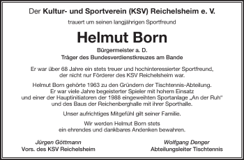 Traueranzeige von Helmut Born von Odenwälder Echo