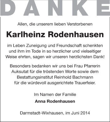 Traueranzeige von Karlheinz Rodenhausen von Echo-Zeitungen (Gesamtausgabe)