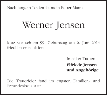 Traueranzeige von Werner Jensen von Echo-Zeitungen (Gesamtausgabe)