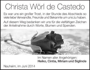 Traueranzeige von Christa  Wörl de Castedo von Rüsselsheimer Echo, Groß-Gerauer-Echo, Ried Echo