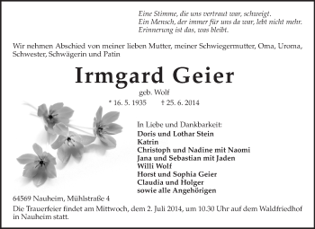 Traueranzeige von Irmgard Geier von Rüsselsheimer Echo, Groß-Gerauer-Echo, Ried Echo