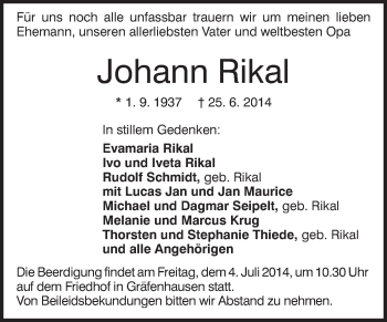 Traueranzeige von Johann Rikal von Echo-Zeitungen (Gesamtausgabe)