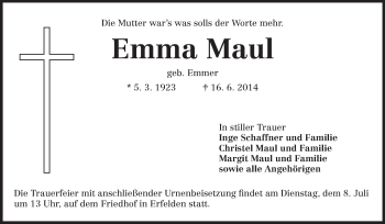 Traueranzeige von Emma Maul von Rüsselsheimer Echo, Groß-Gerauer-Echo, Ried Echo