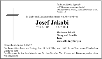 Traueranzeige von Josef Jakobi von Rüsselsheimer Echo, Groß-Gerauer-Echo, Ried Echo