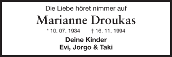 Traueranzeige von Marianne Droukas von Echo-Zeitungen (Gesamtausgabe)