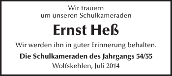 Traueranzeige von Ernst Heß von Rüsselsheimer Echo, Groß-Gerauer-Echo, Ried Echo