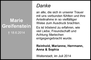 Traueranzeige von Marie Greifenstein von Echo-Zeitungen (Gesamtausgabe) Traueranzeige von Marie Greifenstein von Echo-Zeitungen (Gesamtausgabe)