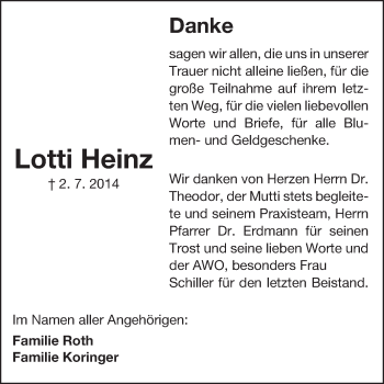 Traueranzeige von Lotti Heinz von Echo-Zeitungen (Gesamtausgabe)