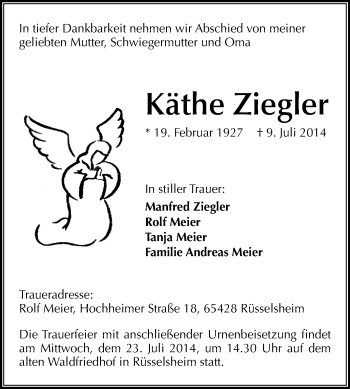 Traueranzeige von Käthe Ziegler von Rüsselsheimer Echo, Groß-Gerauer-Echo, Ried Echo