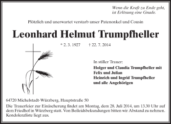 Traueranzeige von Leonhard Helmut Trumpfheller von Odenwälder Echo