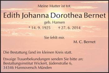 Traueranzeige von Edith Johanna Dorothea Bernet von Echo-Zeitungen (Gesamtausgabe)