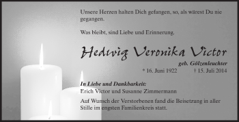 Traueranzeige von Hedwig Veronika Victor von Rüsselsheimer Echo, Groß-Gerauer-Echo, Ried Echo