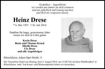 Traueranzeige von Heinz Drese von Rüsselsheimer Echo, Groß-Gerauer-Echo, Ried Echo