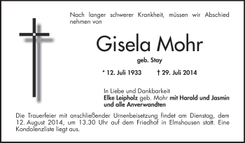 Traueranzeige von Gisela Mohr von Starkenburger Echo, Bergsträßer Anzeiger