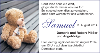 Traueranzeige von Samuel Plößer von Darmstädter Echo, Odenwälder Echo, Rüsselsheimer Echo, Groß-Gerauer-Echo, Ried Echo