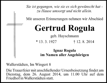 Traueranzeige von Gertrud Rogula von Rüsselsheimer Echo, Groß-Gerauer-Echo, Ried Echo