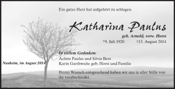 Traueranzeige von Katharina Paulus von Rüsselsheimer Echo, Groß-Gerauer-Echo, Ried Echo