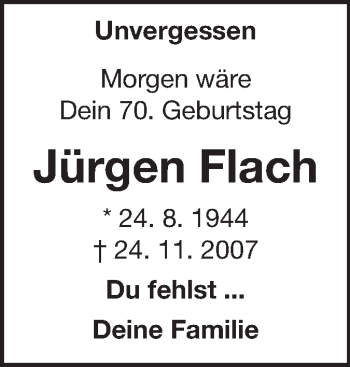 Traueranzeige von Jürgen Flach von Echo-Zeitungen (Gesamtausgabe)