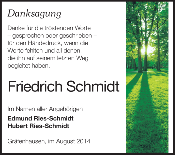 Traueranzeige von Friedrich Schmidt von Echo-Zeitungen (Gesamtausgabe)