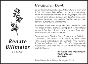 Traueranzeige von Renate Billmaier von Rüsselsheimer Echo, Groß-Gerauer-Echo, Ried Echo