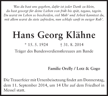 Traueranzeige von Hans Georg Klähne von Echo-Zeitungen (Gesamtausgabe)