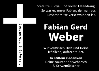 Traueranzeige von Fabian Gerd Weber von Rüsselsheimer Echo, Groß-Gerauer-Echo, Ried Echo