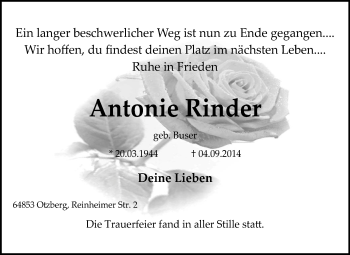 Traueranzeige von Antonie Rinder von Echo-Zeitungen (Gesamtausgabe)