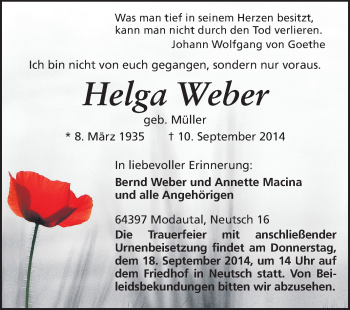 Traueranzeige von Helga Weber von Echo-Zeitungen (Gesamtausgabe)