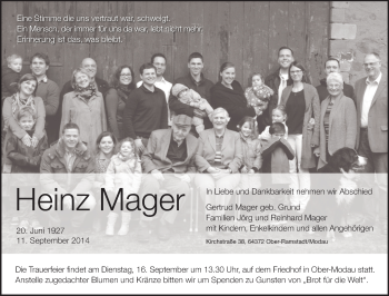 Traueranzeige von Heinz Mager von Echo-Zeitungen (Gesamtausgabe)