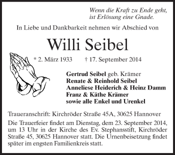 Traueranzeige von Willi Seibel von Echo-Zeitungen (Gesamtausgabe)